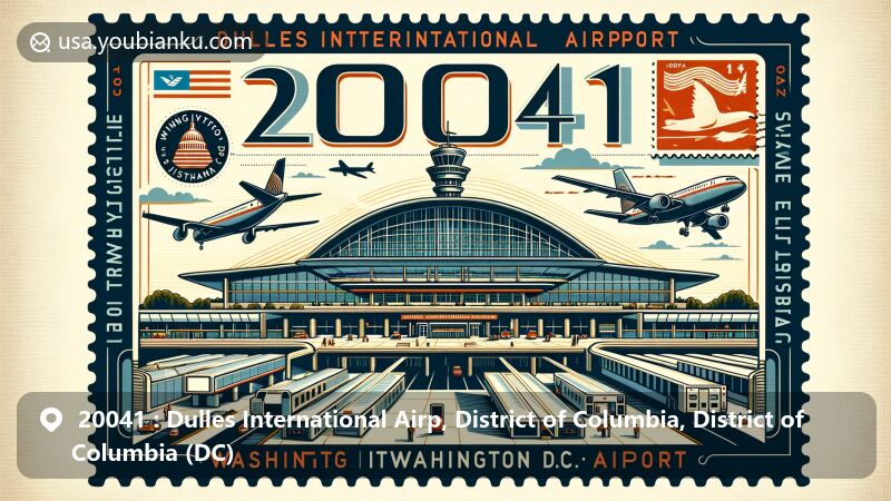 Modern illustration of Dulles International Airport, showcasing iconic terminal by Eero Saarinen and United Airlines hub role, with aviation and postal elements, including airplanes, postcards, stamps, and ZIP code 20041.