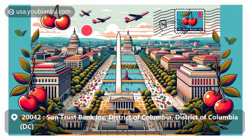 Modern illustration of the National Mall in Washington, D.C., featuring iconic landmarks like the Capitol, Washington Monument, and Lincoln Memorial, with a stylized postcard theme and postal elements.