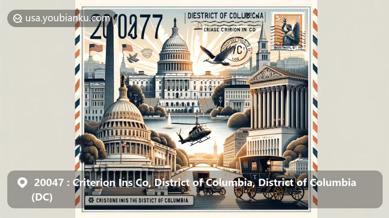 Modern illustration of Criterion Ins Co area in District of Columbia, centering around vintage air mail envelope with iconic Washington, D.C. landmarks like the White House, United States Capitol, and Supreme Court Building.