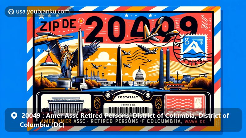 Modern illustration of Washington DC, District of Columbia, featuring ZIP code 20049, showcasing iconic landmarks like the Washington Monument, Lincoln Memorial, and Capitol Building in a vibrant, contemporary postcard design.