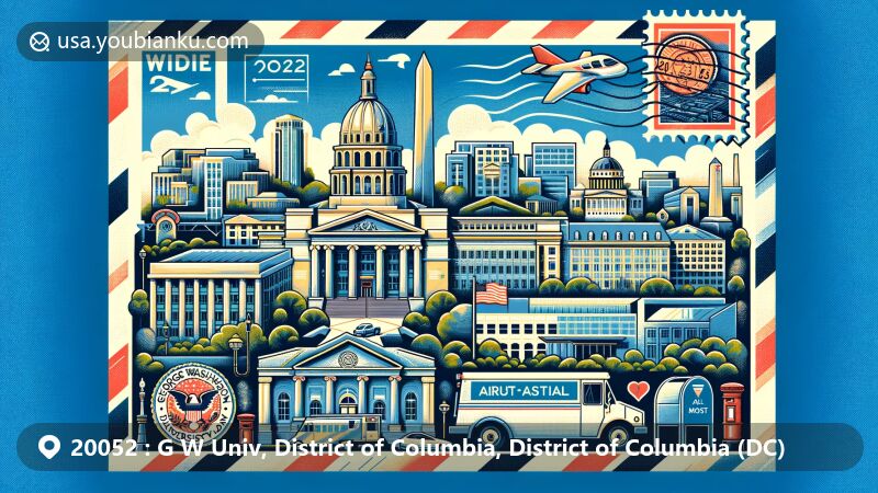 Modern illustration of George Washington University and District of Columbia, DC, with postal theme for ZIP code 20052, featuring iconic buildings and symbols of DC, like American flag and National Mall monuments.
