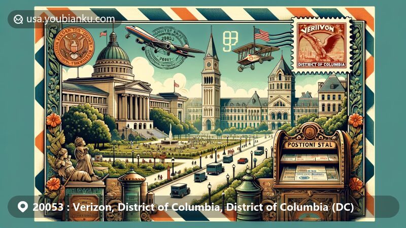 Modern illustration of iconic landmarks and historic sites of Washington, DC, creatively displayed in a vintage-style air mail envelope with a decorative postage stamp of the DC flag and postal elements like a postmark and antique mailbox.