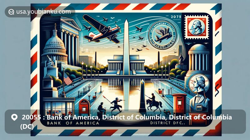 Modern illustration of Bank of America in District of Columbia, featuring Washington D.C. landmarks, airmail envelope, Washington Monument, National World War II Memorial, Jefferson Memorial, District of Columbia quarter with Duke Ellington design, airmail border with red and blue stripes, vintage postage stamp of Capitol building, postmark for Bank of America zip code, and red mailbox.