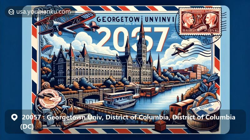 Modern illustration of Georgetown University and historic neighborhood in Washington, D.C., with ZIP code 20057, featuring Healy Hall's Neo-Romanesque and High Victorian Gothic architecture, Chesapeake & Ohio Canal, and postal theme.