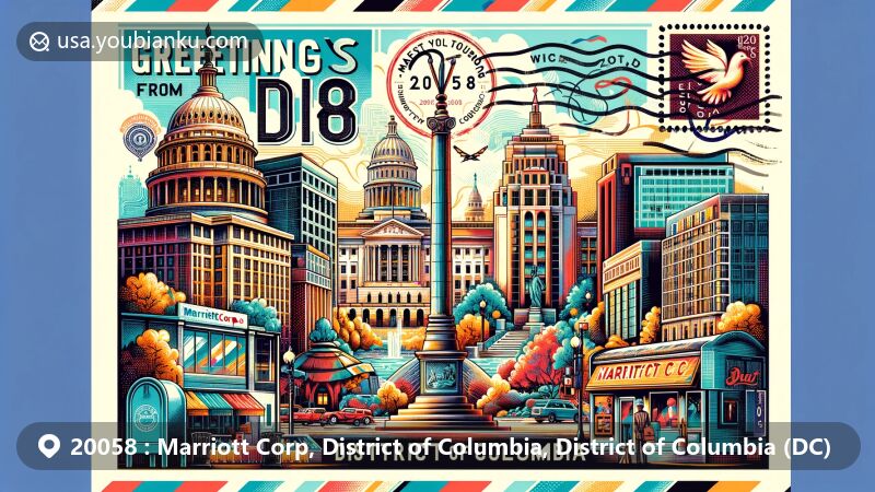 Vibrant postcard design for ZIP code 20058, Marriott Corp, DC, featuring Washington, DC landmarks and postal elements in modern style.