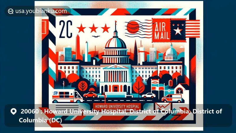 Modern illustration of Howard University Hospital, ZIP Code 20060, in District of Columbia, featuring iconic D.C. symbols like White House, Capitol, and Washington Monument.