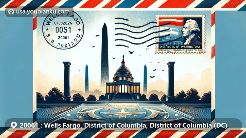 Modern illustration of Wells Fargo area in the District of Columbia with ZIP code 20061, featuring iconic buildings and postal elements.