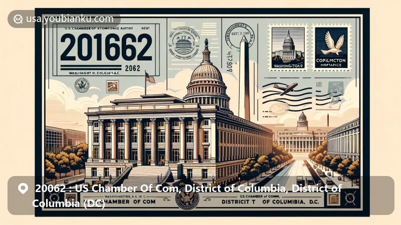 Modern illustration of Washington, D.C. postcard design with ZIP code 20062, showcasing iconic structures like U.S. Chamber of Commerce Building, Lincoln Memorial, Capitol, and Washington Monument.