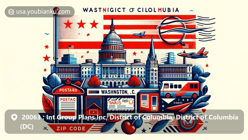 Modern illustration of Washington, D.C., showcasing postal theme with ZIP code 20063, incorporating flag, Potomac bluestone, cherry fruit, and postcard elements.