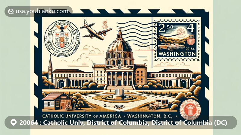 Modern illustration of the Catholic University of America area in Washington, D.C., highlighting ZIP code 20064 with symbolic elements like the Basilica of the National Shrine of the Immaculate Conception, books, graduation cap, chapel, and postal theme.