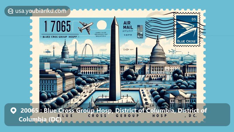 Modern illustration of Blue Cross Group Hosp area in Washington D.C., DC, highlighting postal theme with ZIP code 20065 and iconic landmarks like the Washington Monument, Capitol Building, and Lincoln Memorial.