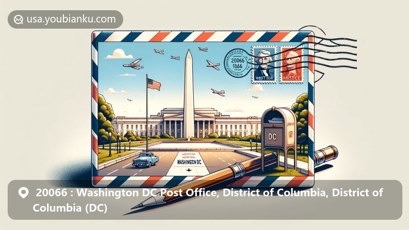 Modern illustration of Washington Monument and White House in an airmail envelope design, showcasing postal theme and regional identification with '20066 Washington DC' stamp and postmark.