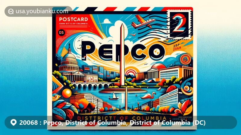 Modern illustration of Pepco in the District of Columbia, featuring postal theme with ZIP code 20068, showcasing iconic landmarks like the Jefferson Memorial and the U.S. Capitol, along with the Pepco Edison Place Gallery.