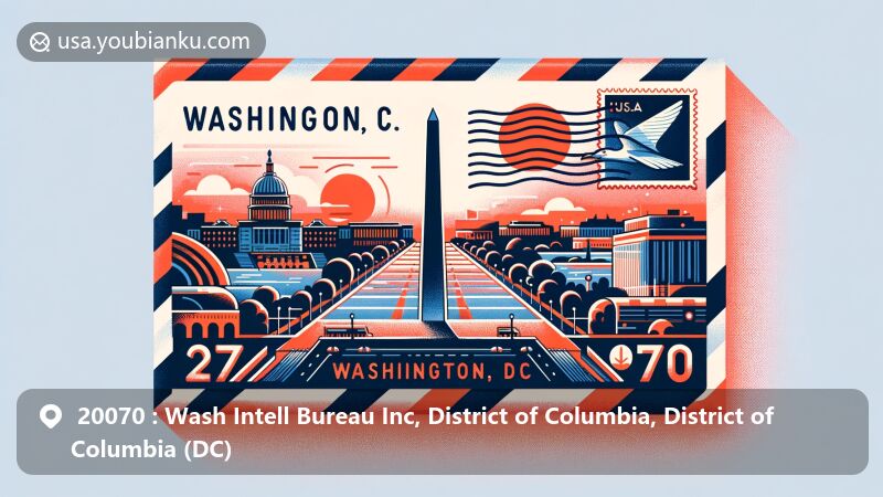 Modern illustration of Washington D.C. for ZIP code 20070, highlighting iconic landmarks like the Washington Monument and U.S. Capitol Building, blended with airmail envelope design.