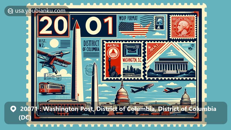Modern illustration of Washington, D.C., ZIP code 20071, combining iconic landmarks like the Washington Monument, White House, and U.S. Capitol with postal heritage elements.
