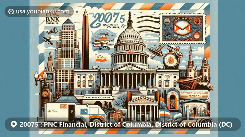 Modern illustration of Washington, D.C. showcasing postal theme with ZIP code 20075 and PNC Financial, featuring Capitol postage stamp, vintage air mail envelope, and historic landmarks like Howard Theatre and Gallaudet University.