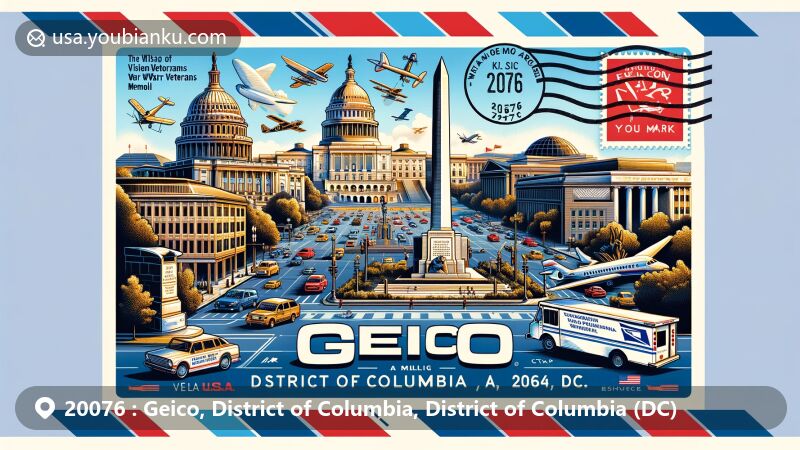 Modern illustration of the Geico area, District of Columbia, showcasing a postal theme with elements like a postage stamp, postmark, and ZIP code 20076, featuring iconic Washington DC landmarks like the National Mall and U.S. Capitol.