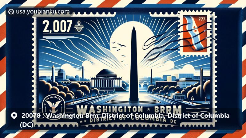 Creative airmail envelope illustration showcasing Washington Brm, District of Columbia, with ZIP code 20078, featuring Washington Monument and DC flag against National Mall backdrop.
