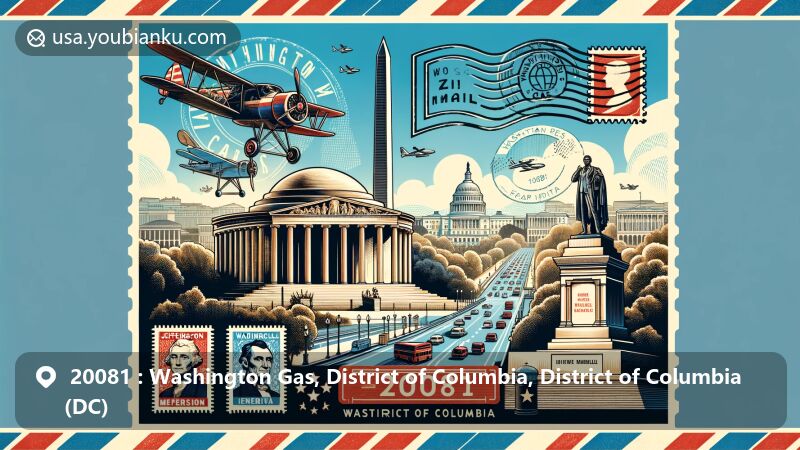 Modern illustration representing ZIP Code 20081, Washington, D.C., featuring iconic landmarks like Jefferson Memorial, Vietnam Veterans Memorial, National World War II Memorial, and Lincoln Memorial.