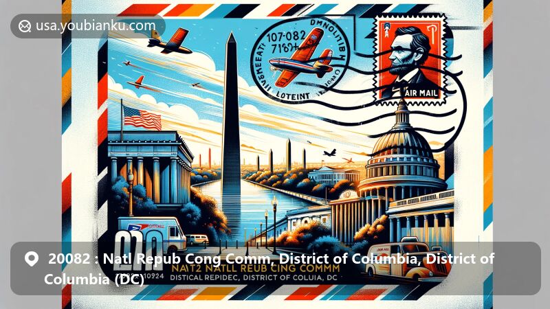 Modern illustration of Washington, DC with ZIP code 20082, blending iconic landmarks and postal elements, featuring air mail envelope, Washington Monument, White House, Lincoln Memorial, vintage stamp, and postal mark.