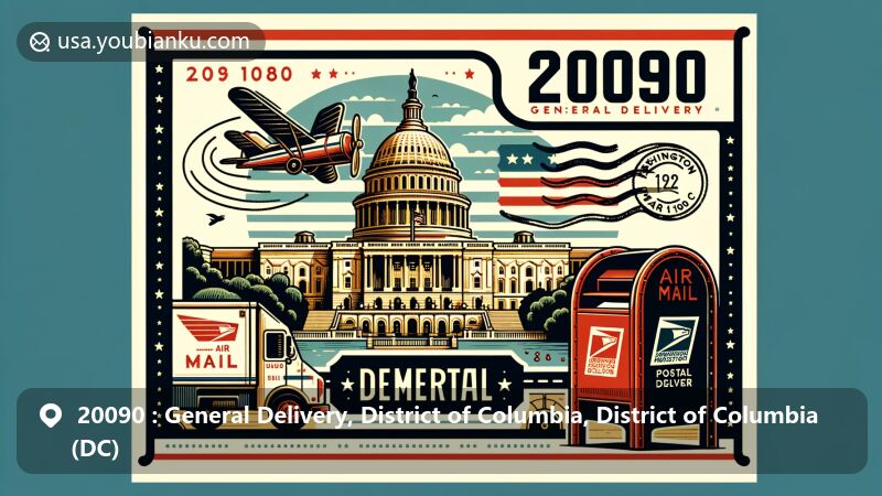 Modern illustration of ZIP code 20090 in Washington, DC, General Delivery, featuring iconic elements like the Capitol Building and vintage postal imagery.