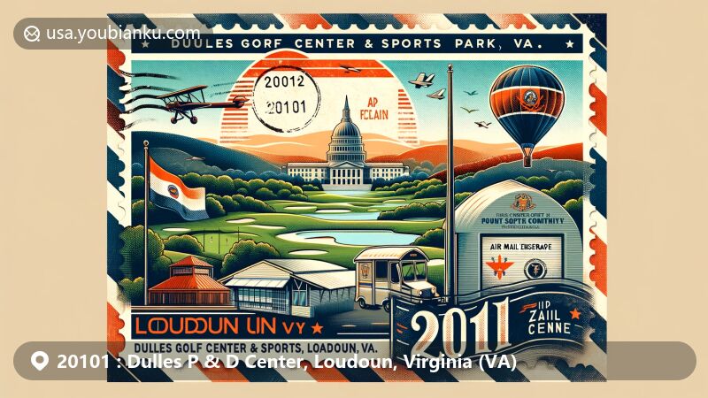 Detailed illustration of Dulles P & D Center in Loudoun, Virginia, highlighting recreational focal point Dulles Golf Center & Sports Park amidst natural landscapes and postal motifs.