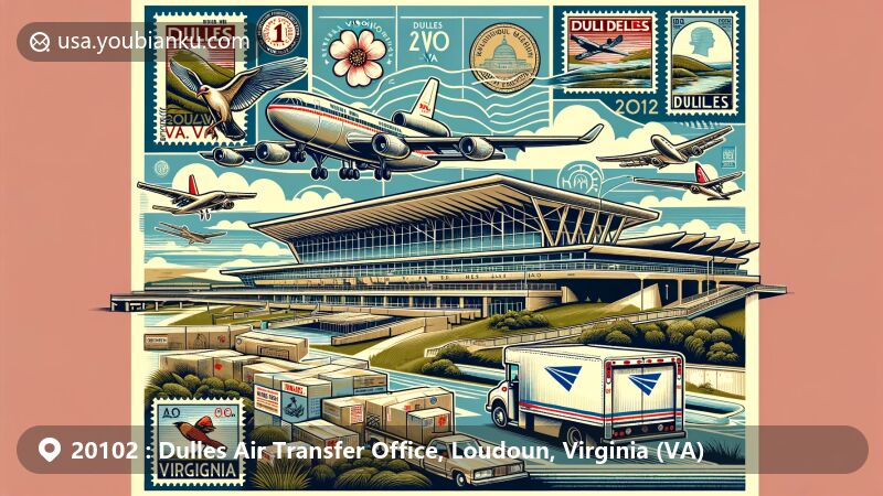 Modern illustration of Dulles Air Transfer Office in Loudoun County, Virginia, featuring Dulles International Airport, iconic main terminal by Eero Saarinen, airplane symbolizing air traffic, Virginia's landscapes, vintage air mail elements, and ZIP Code 20102.