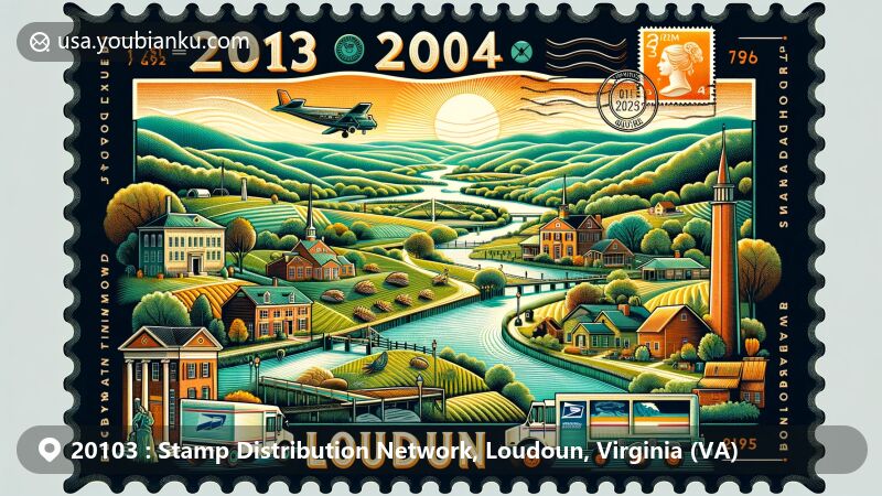 Innovative illustration of Stamp Distribution Network in Loudoun County, Virginia, showcasing geographical and cultural essence with landmarks like George C. Marshall's Dodona Manor and Ball's Bluff Battlefield. Includes postal elements and ZIP code 20103, embodying area's history and modern relevance.