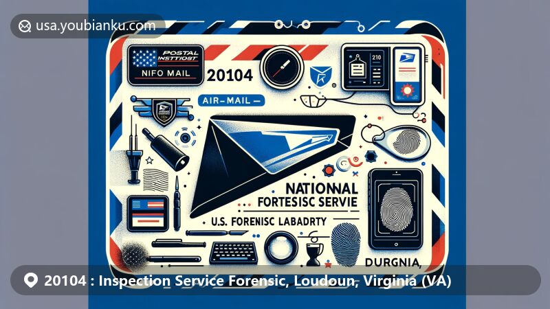 Modern illustration of ZIP Code 20104 air mail envelope depicting U.S. Postal Inspection Service's Forensic Laboratory, with forensic tools and Virginia state symbols like state flag.
