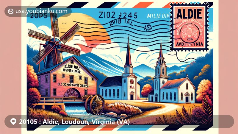 Modern illustration of Aldie, Loudoun, Virginia, featuring Aldie Mill Historic Park, Mount Zion Old School Baptist Church, and Bull Run Mountains, with a vintage stamp displaying ZIP code 20105, air mail envelope border, and postmark.