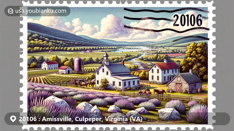 Modern illustration of Amissville, Culpeper County, Virginia, blending local landmarks, cultural elements, and postal themes. Features historical sites like Locust Grove/R.E. Luttrell Farmstead, geological wonders Battle Mountain and Little Battle Mountain, and nods to Civil War history. Reflects community vibrancy with vineyards and lavender farms, all tied together with vintage postal motifs.