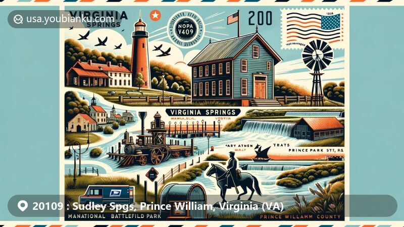 Modern illustration of Sudley Springs, Prince William County, Virginia, showcasing postal theme with ZIP code 20109, featuring Manassas National Battlefield Park, historical mill, Virginia state and Prince William County icons.