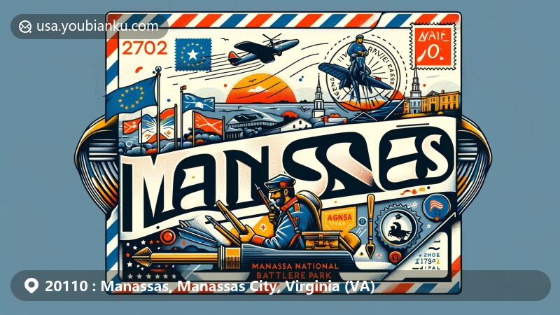 Creative wide-format illustration of Manassas, Virginia, with air mail envelope and ZIP code 20110, featuring Manassas National Battlefield Park and Virginia state flag.