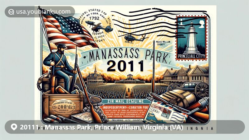 Modern illustration of Manassas Park, Prince William County, Virginia, highlighting ZIP code 20111, featuring Civil War history and geographical significance, including First and Second Battles of Bull Run and Confederate Army camps.
