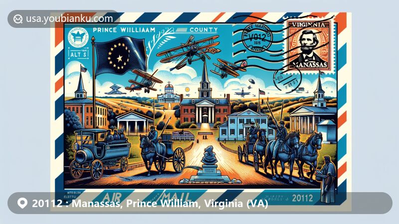 Modern illustration of Manassas, Prince William County, Virginia, showcasing Civil War history and contemporary landmarks, including First and Second Battles of Bull Run, Manassas Historic District, and Annaburg Manor.