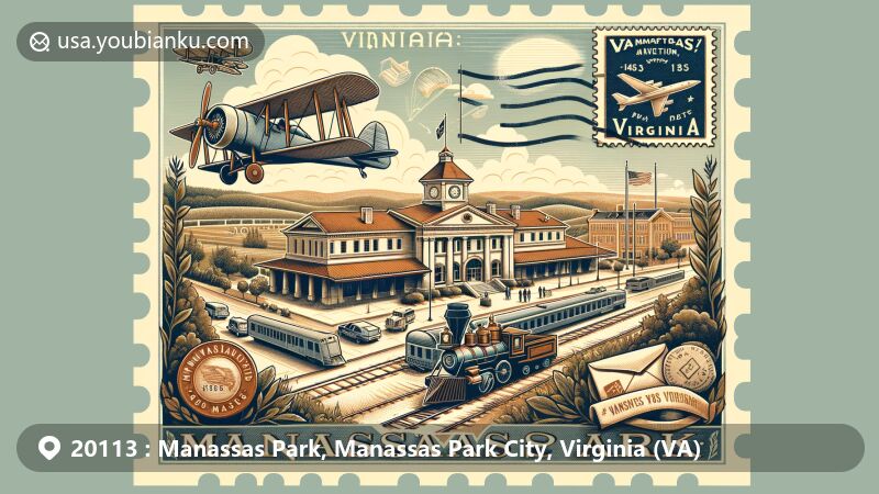 Modern illustration of Manassas Park, Virginia, featuring postal theme with vintage aviation envelope frame, highlighting landmarks like Manassas Railroad Depot and Civil War significance, with subtle nods to Bull Run, and showcasing geographic shape of Manassas Park, integrating Virginia state flag and lush greenery typical of the region.