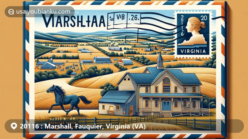 Modern illustration of Marshall, Fauquier, Virginia, highlighting rural landscape with farmlands and historic buildings, featuring airmail envelope with Fauquier County outline and postage stamp of Marshall landmark.