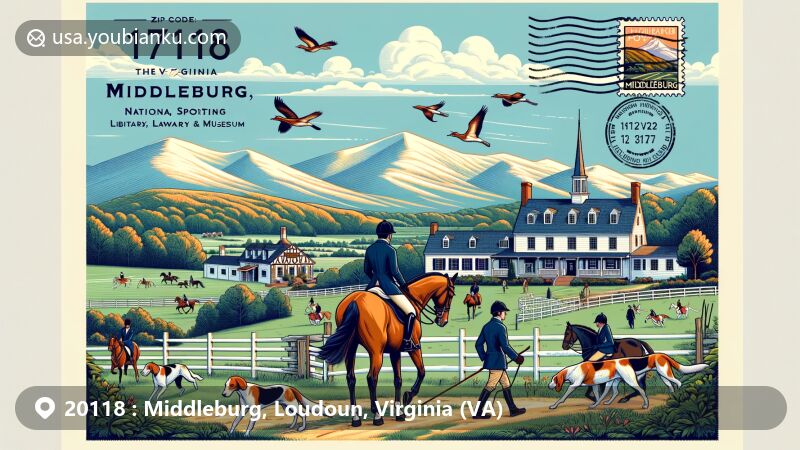 Modern illustration of Middleburg, Virginia, with ZIP code 20118, showcasing its identity as the 'Nation's Horse and Hunt Capital' against the backdrop of the Blue Ridge Mountains, featuring horse farms, a fox hunt, the Red Fox Inn and Tavern, and the National Sporting Library & Museum.