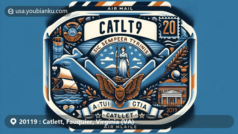 Modern illustration of Catlett, Fauquier County, Virginia, featuring postal theme with ZIP code 20119, showcasing Virginia state flag with 'Sic Semper Tyrannis' motto and a representation of a local landmark or cultural symbol.