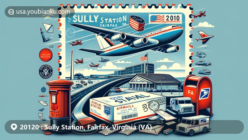 Modern illustration of Sully Station, Fairfax, Virginia, showcasing postal theme with ZIP code 20120, featuring airmail envelope, postmark, postage stamp of Sully Historic Site, red mailbox, mail truck, and flying letters in a vibrant illustrative style.