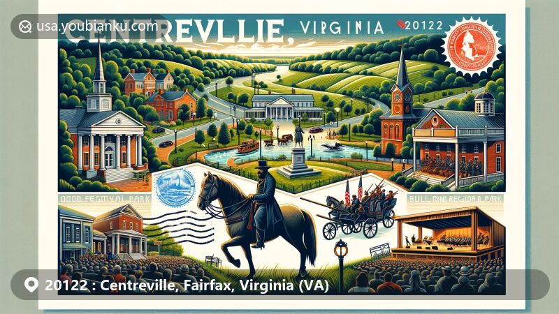 Modern illustration of Centreville, Fairfax County, Virginia, showcasing Civil War sites, Wolf Trap National Park, and Bull Run Regional Park, with postal theme featuring ZIP code 20122.