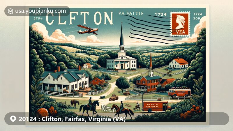 Modern illustration of Clifton, Virginia, capturing historical and natural elements with a postal theme, featuring Clifton Historic District buildings like Clifton Presbyterian Church and Mayhugh Tavern against a backdrop of lush forests and equestrian scenes.