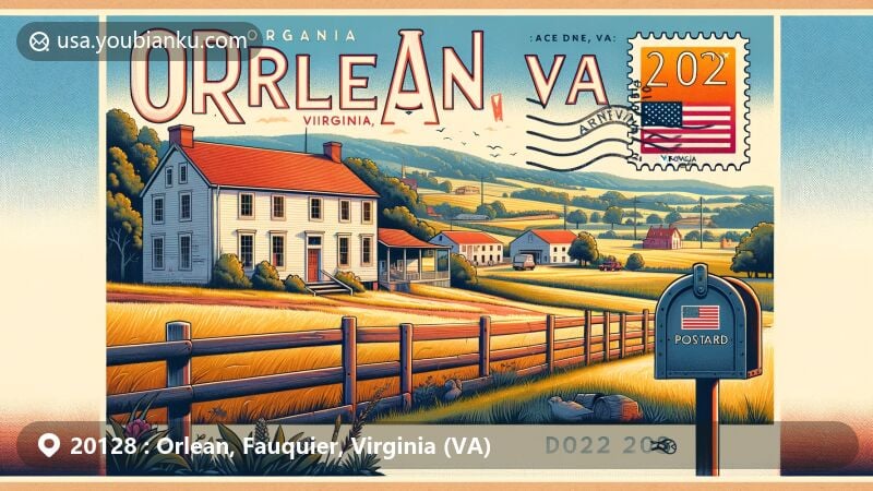 Modern illustration of Orlean Historic District, Fauquier, Virginia (VA), highlighting ZIP code 20128, featuring Virginia state flag elements and scenic Blue Ridge Mountains silhouette.