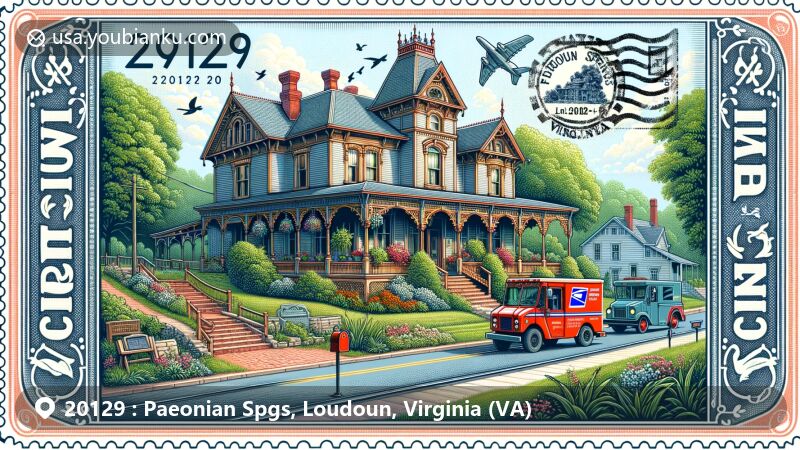 Modern illustration of Paeonian Springs, Loudoun County, Virginia, capturing the essence of a quaint village with Victorian houses, country cottages, and a rich history as a summer retreat.