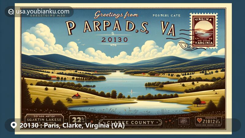 Vintage-style illustration of Paris, Clarke County, Virginia, showcasing Sky Meadows State Park and Mountain Lake Campground with postal elements representing ZIP code 20130.
