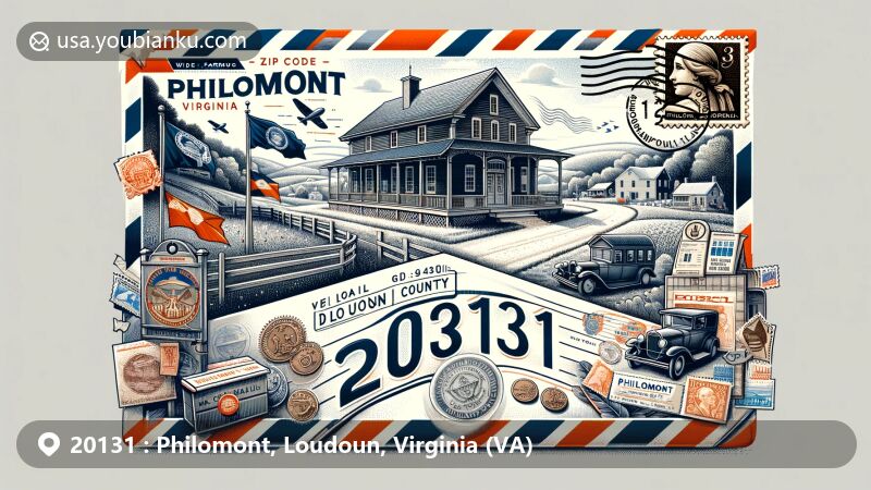 Modern illustration of Philomont, Virginia, featuring airmail envelope with ZIP code 20131 and Philomont General Store, incorporating Virginia's state flag and Loudoun County outline, with stamps and postmarks, set in 19th-century rural landscape.