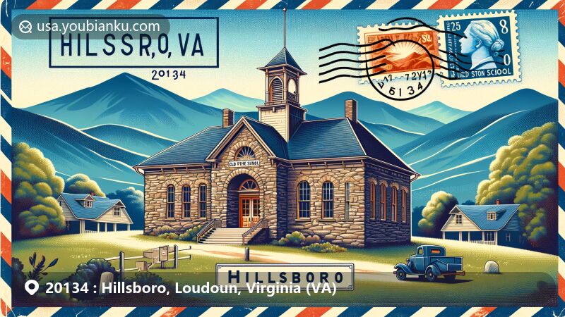 Modern illustration of Hillsboro, Virginia, featuring Old Stone School against Blue Ridge Mountains, with vintage airmail elements and state of Virginia silhouette.