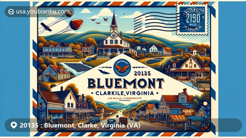 Modern illustration of Bluemont, Clarke County, Virginia, featuring vintage air mail envelope design with iconic landmarks like Snickersville Academy, local wineries, and the Appalachian Trail, capturing the charm and history of the village.