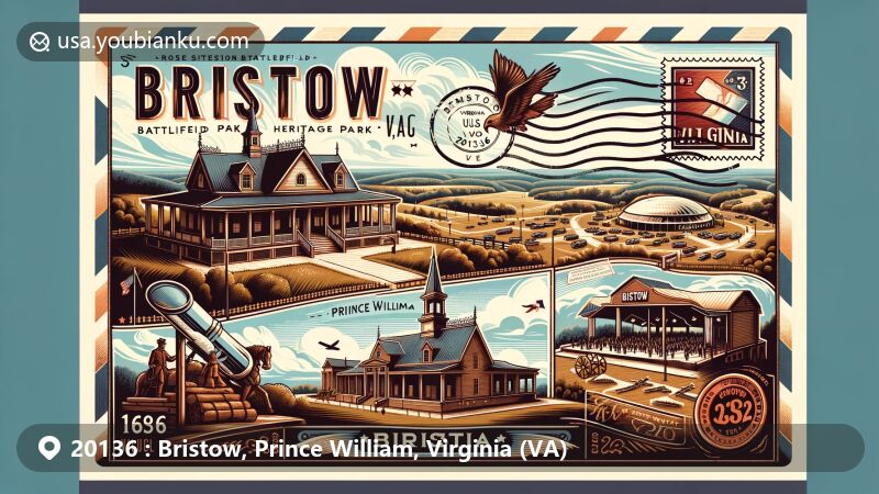 Modern illustration of Bristow, Virginia, with ZIP code 20136, showcasing local landmarks like Bristoe Station Battlefield and Jiffy Lube Live, featuring Civil War depictions and postal elements.