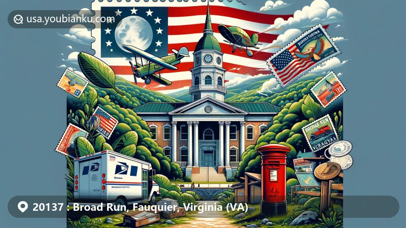 Modern illustration of Broad Run, Fauquier County, Virginia, portraying the iconic Fauquier County Courthouse, lush landscapes, and postal theme with ZIP code 20137, embodying local pride and natural beauty.